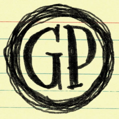 greg pak logo - pen and ink drawing of 'GP' on a lined yellow notecard background